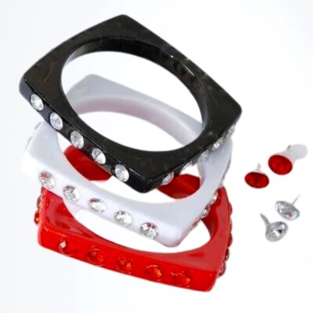 NWT Red, Black & White Square Bracelet Bangle & Stud Earrings Sets